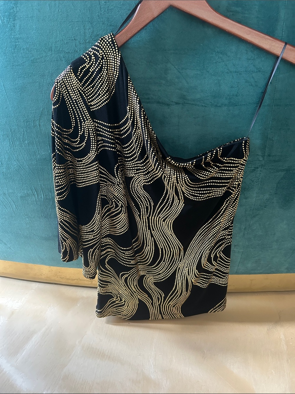 Cache Black One-Shoulder Top with Gold Swirl Studs